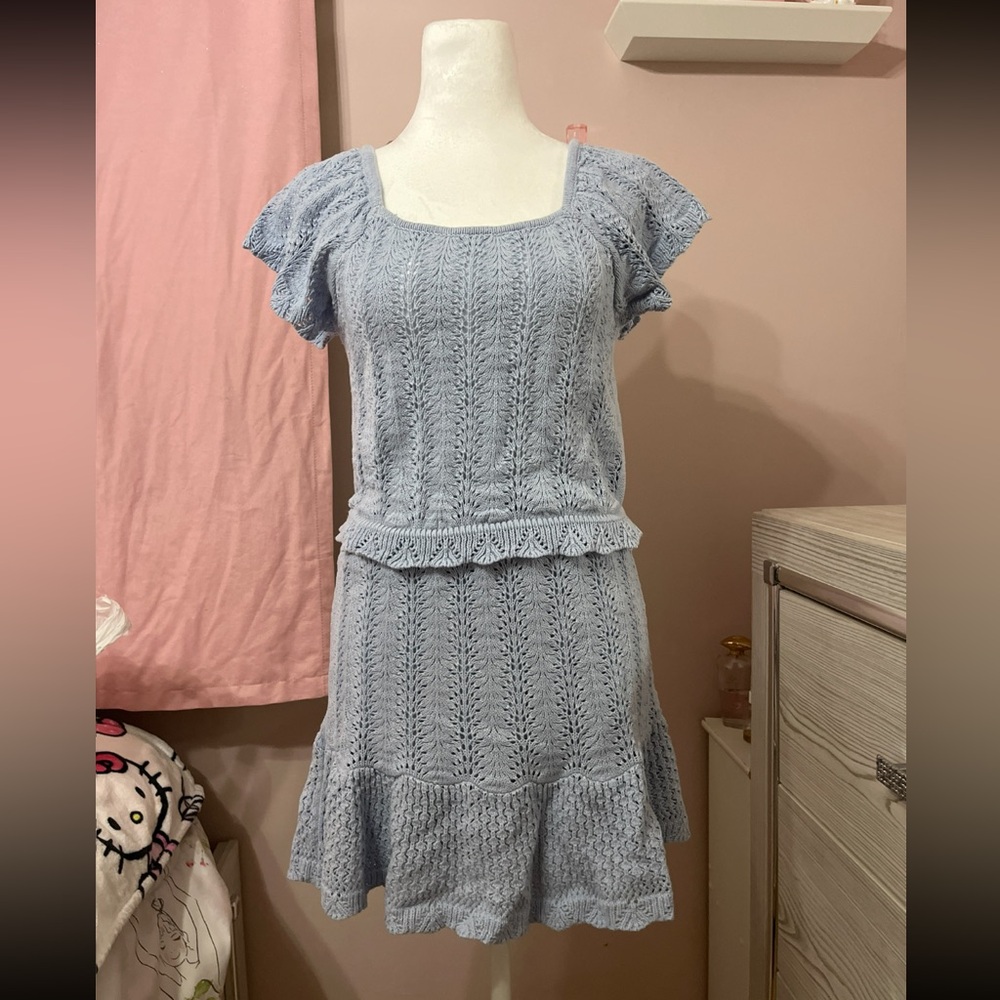 Light Blue Knit Dress with Ruffle Hem